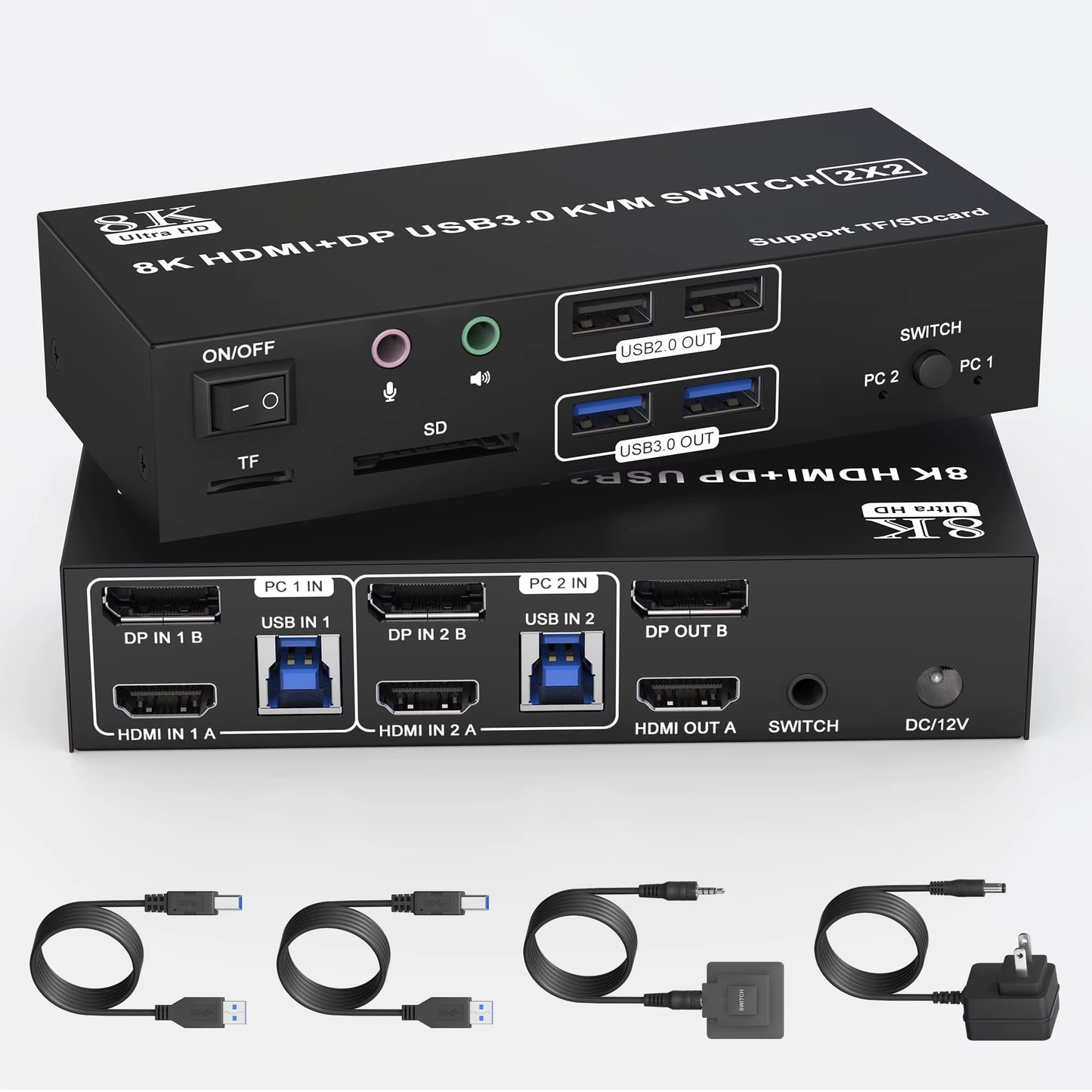 8K HDMI Displayport KVM Switch 2 Monitors 2 Computers Dual Monitor,8K@60Hz 4K@120Hz KVM Switcher for 2 Computers,Sd TF Card