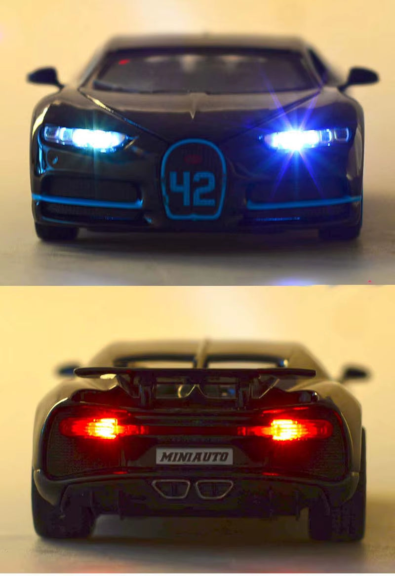 1/32 Bugatti Chiron Pull Back Alloy Sports Car Model Die Cast Toy Simulation Sound Light Super Racing Vehicle Toys
