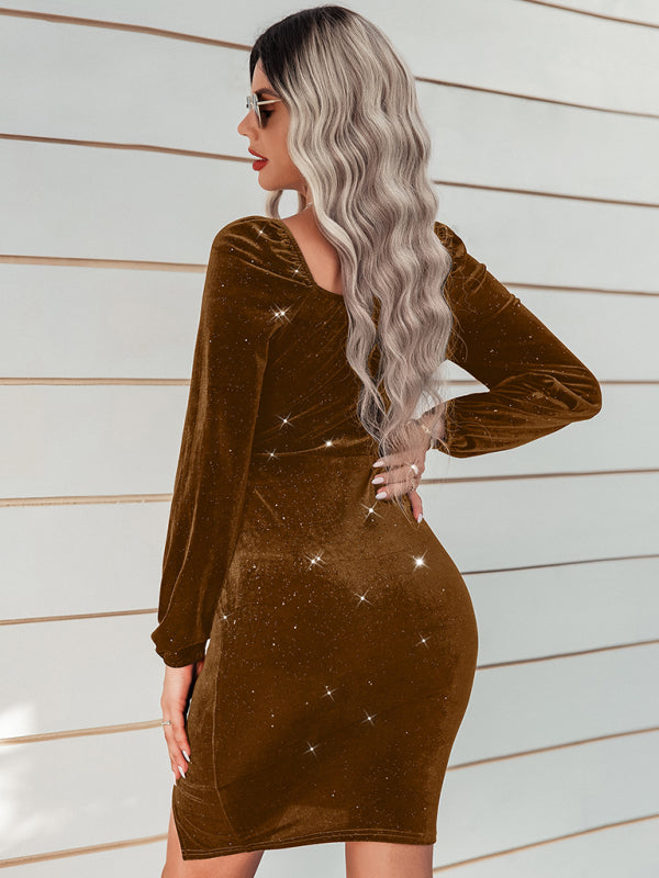 Women's sexy hip wrap skirt fashion V-neck velvet dress