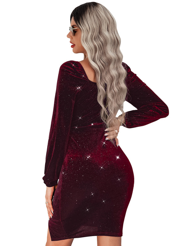 Women's sexy hip wrap skirt fashion V-neck velvet dress