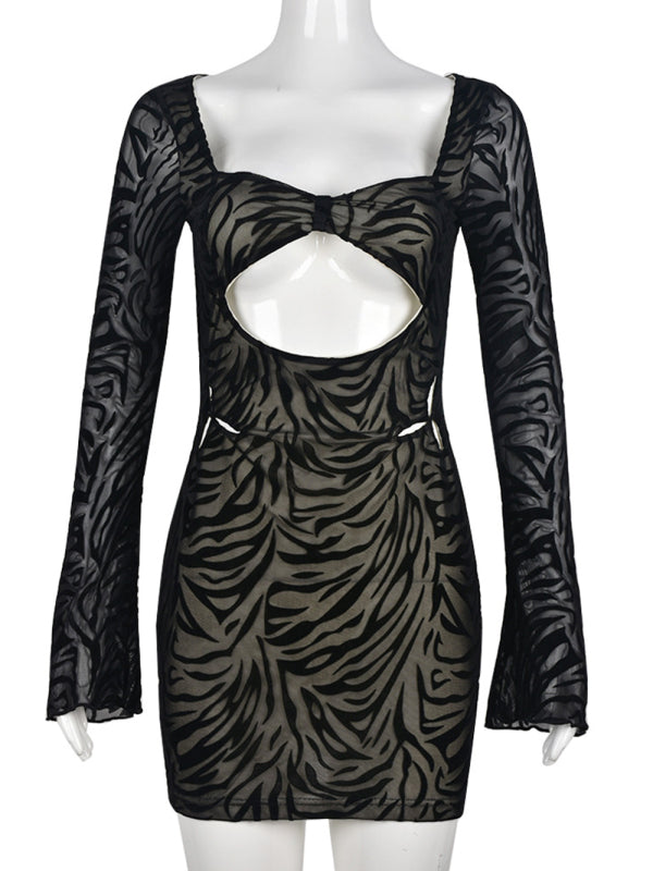 Women's Solid Color Cutout Zebra Print Flocked Mesh Long Sleeve Sheath Midi Dress