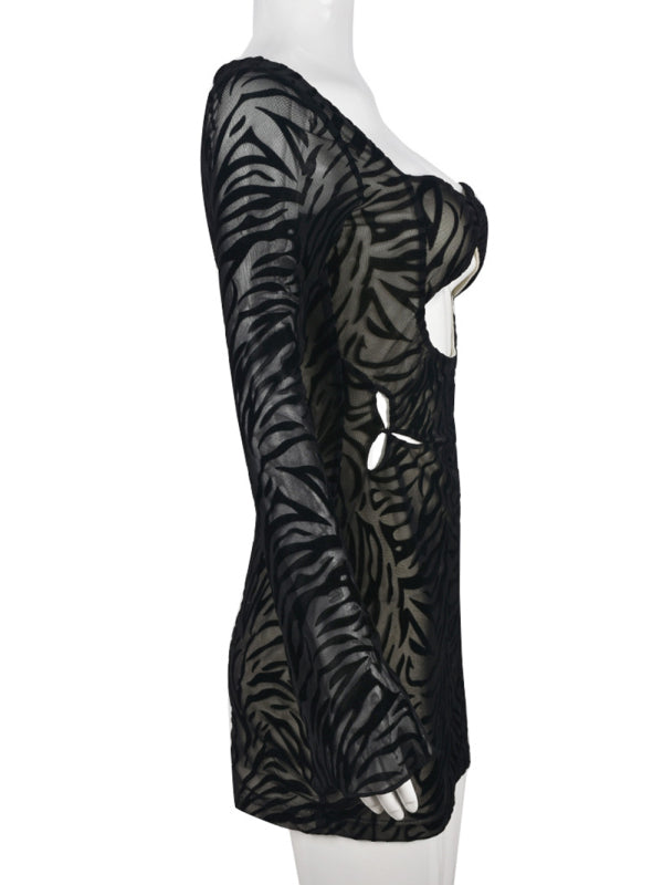Women's Solid Color Cutout Zebra Print Flocked Mesh Long Sleeve Sheath Midi Dress