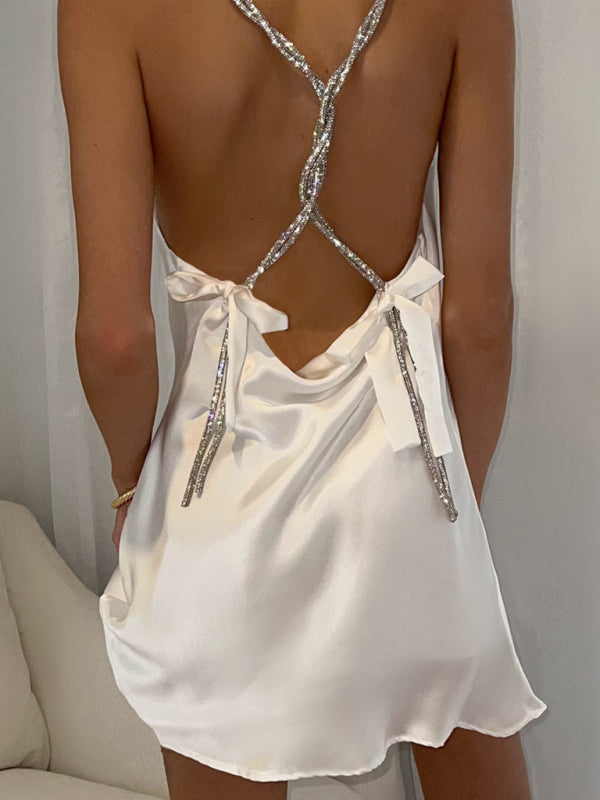 New suspender satin large backless diamond chain hip dress