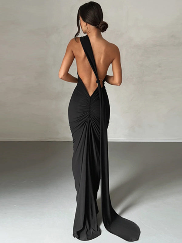 Feminine backless pleated slim fit sleeveless dress
