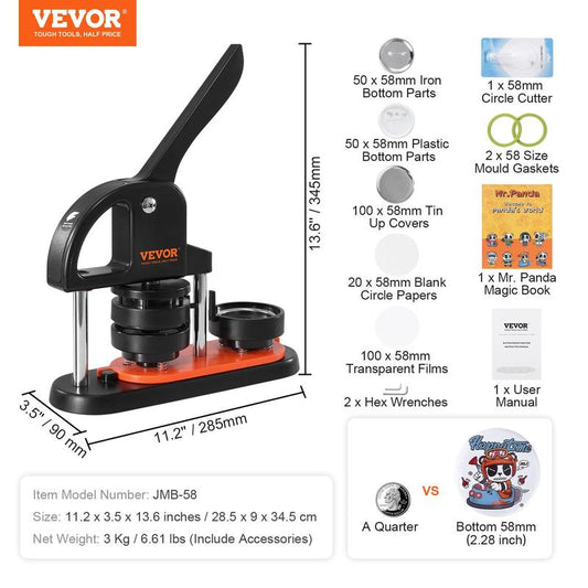 VEVOR Button Maker Machine, 2.28 Inch/58Mm Pin Maker with 100Pcs Button Parts, Ergonomic Arc Handle Punch Press Kit, Button Maker with Panda Magic Book, for Children DIY Gifts and Christmas