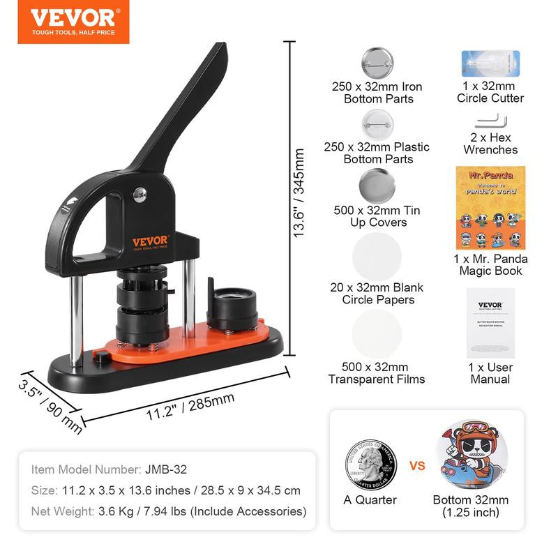 VEVOR Button Maker Machine, 2.28 Inch/58Mm Pin Maker with 100Pcs Button Parts, Ergonomic Arc Handle Punch Press Kit, Button Maker with Panda Magic Book, for Children DIY Gifts and Christmas