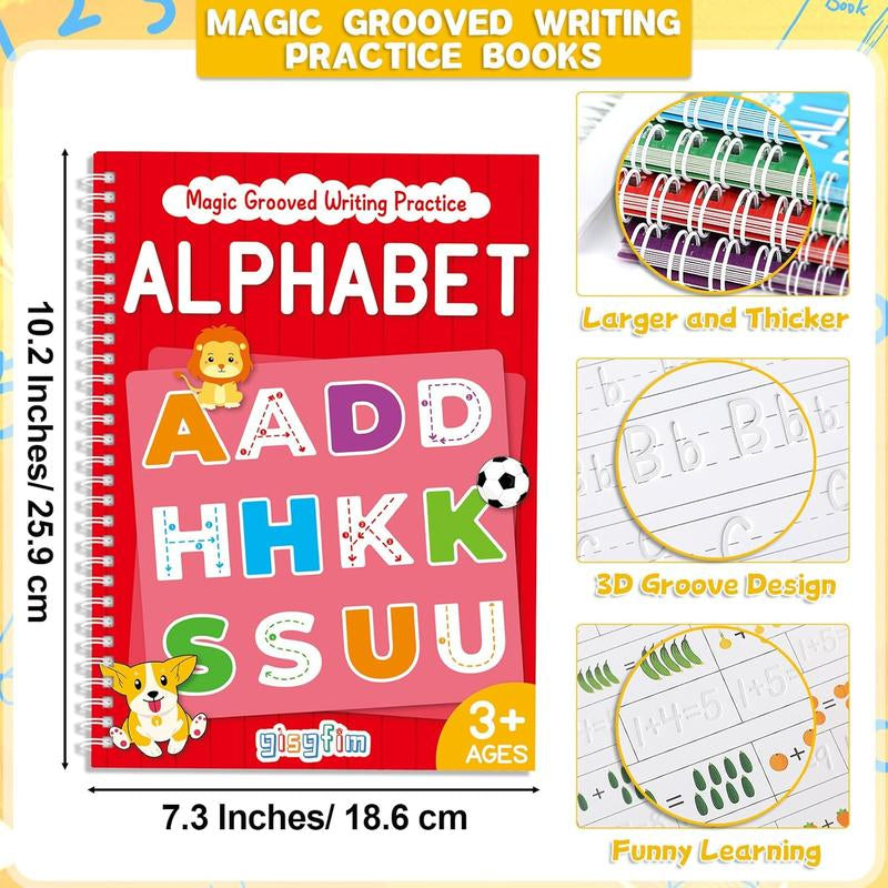 GISGFIM 8 Pieces Magic Grooved Writing Practice Books Disappearing Ink Pens Reusable Groove Workbooks Tracing Handwriting Practice Copybooks without Tears for Kids Kindergarten Preschool Supplies,10.2 X 7.3Inch
