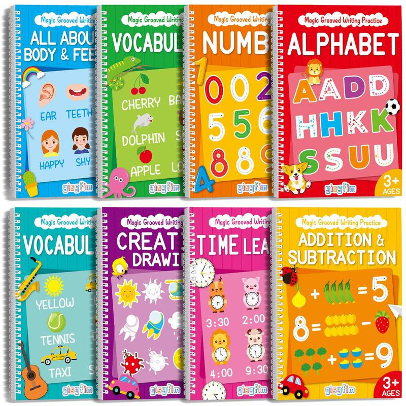 GISGFIM 8 Pieces Magic Grooved Writing Practice Books Disappearing Ink Pens Reusable Groove Workbooks Tracing Handwriting Practice Copybooks without Tears for Kids Kindergarten Preschool Supplies,10.2 X 7.3Inch