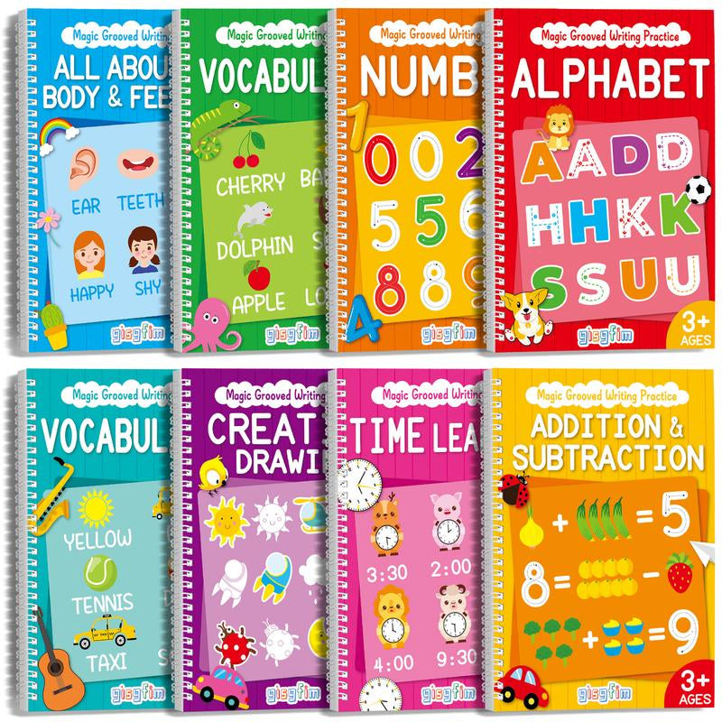 GISGFIM 8 Pieces Magic Grooved Writing Practice Books Disappearing Ink Pens Reusable Groove Workbooks Tracing Handwriting Practice Copybooks without Tears for Kids Kindergarten Preschool Supplies,10.2 X 7.3Inch