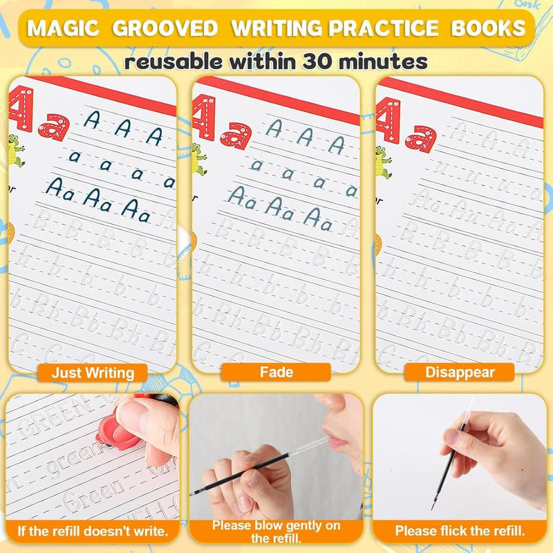 GISGFIM 8 Pieces Magic Grooved Writing Practice Books Disappearing Ink Pens Reusable Groove Workbooks Tracing Handwriting Practice Copybooks without Tears for Kids Kindergarten Preschool Supplies,10.2 X 7.3Inch