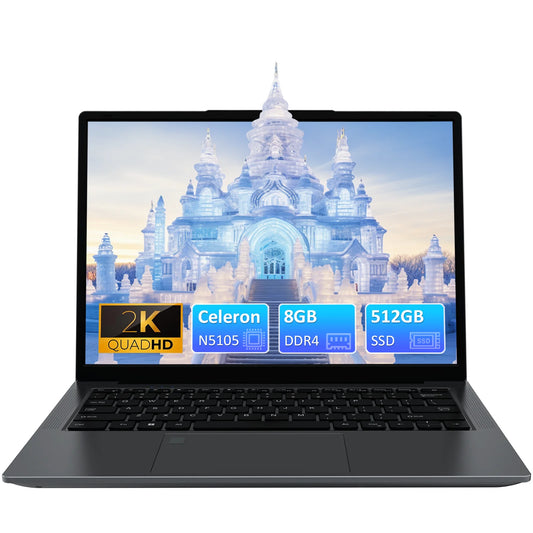 14.1" Windows 11 Pro Home Laptop, 8GB RAM 512GB SSD, Intel Celeron N5105 Computer, 2K Screen, Backlight, Fingerprint, Webcam Switch, Gray