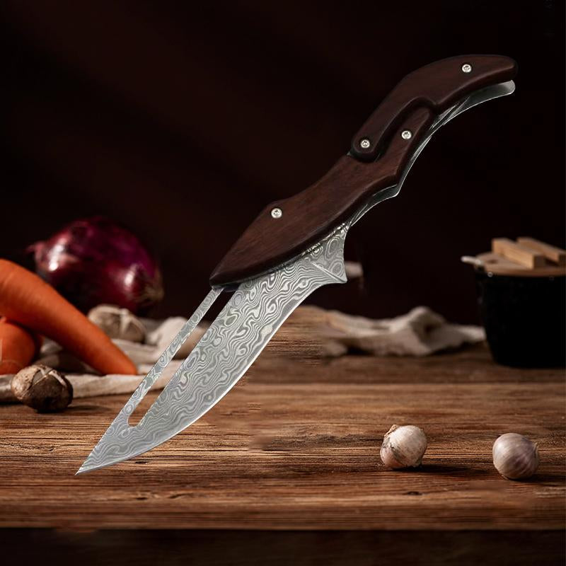 Damascus Steel Folding Knife with Wood Handle - Mechanical Magic Pocket Knife | Kitchen Peeling Tool & Unique Gift