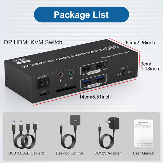 8K HDMI Displayport KVM Switch 2 Monitors 2 Computers Dual Monitor,8K@60Hz 4K@120Hz KVM Switcher for 2 Computers,Sd TF Card