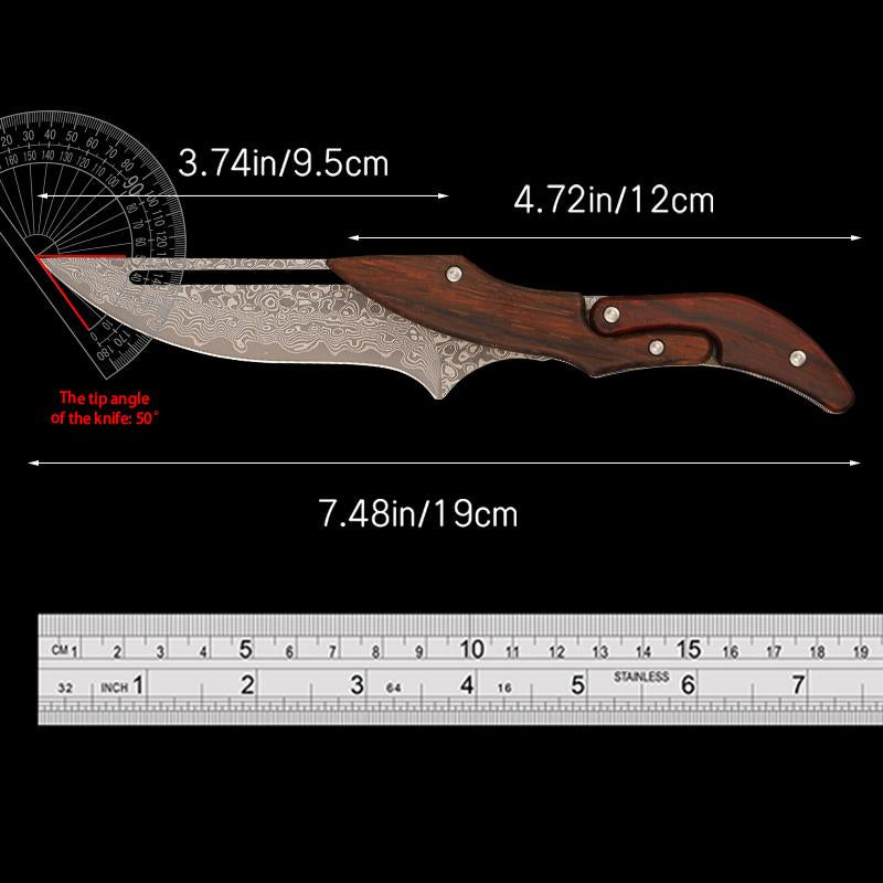 Damascus Steel Folding Knife with Wood Handle - Mechanical Magic Pocket Knife | Kitchen Peeling Tool & Unique Gift