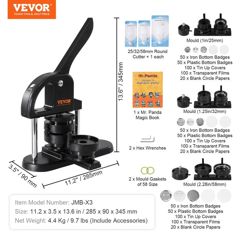 VEVOR Button Maker Machine, 2.28 Inch/58Mm Pin Maker with 100Pcs Button Parts, Ergonomic Arc Handle Punch Press Kit, Button Maker with Panda Magic Book, for Children DIY Gifts and Christmas