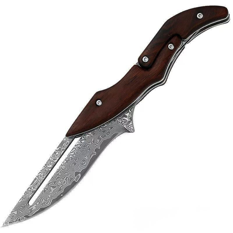 Damascus Steel Folding Knife with Wood Handle - Mechanical Magic Pocket Knife | Kitchen Peeling Tool & Unique Gift