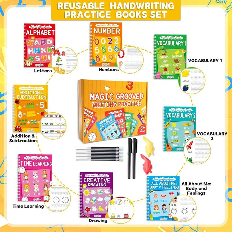 GISGFIM 8 Pieces Magic Grooved Writing Practice Books Disappearing Ink Pens Reusable Groove Workbooks Tracing Handwriting Practice Copybooks without Tears for Kids Kindergarten Preschool Supplies,10.2 X 7.3Inch