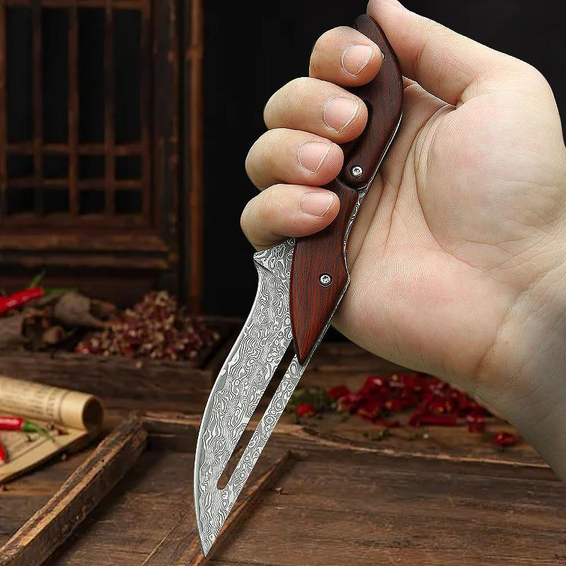 Damascus Steel Folding Knife with Wood Handle - Mechanical Magic Pocket Knife | Kitchen Peeling Tool & Unique Gift