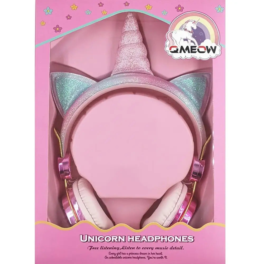 QMEOW Cute Box Unicorn Wired Headphone with Microphone Girl Daughter Music Stereo Earphone Computer Phone Headset Kids Gift