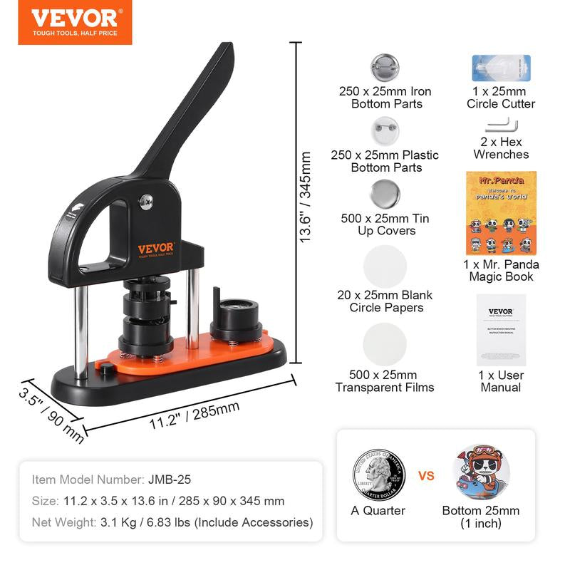 VEVOR Button Maker Machine, 2.28 Inch/58Mm Pin Maker with 100Pcs Button Parts, Ergonomic Arc Handle Punch Press Kit, Button Maker with Panda Magic Book, for Children DIY Gifts and Christmas