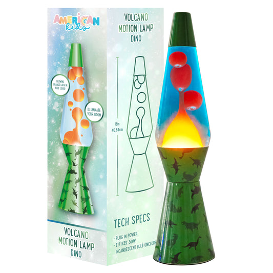 16" Dinosaur Lava Motion Volcano Lamp, Orange Wax in Blue Liquid