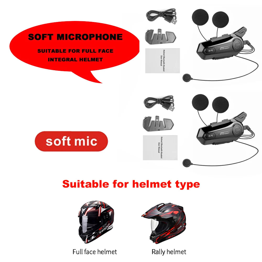 Bluetooth Motorcycle Intercom Helmet Headset for 2 Rider 1000M Intercomunicador Wireless Handsfree-Call Walkie Helmet Talkie