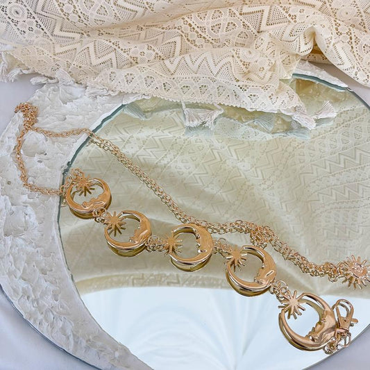 Celestial Chain Belt, Wicca Whimsical Waist, Belt, Costume Jewelry, Crescent Moon Sun Belts, Hippie Boho Belts, Vintage Witch Belt