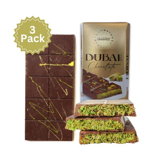 Dubai-Style Chocolate Bar 3 Pack | 7 Oz of Authentic Luxurious Middle Eastern Indulgence | Premium Milk Chocolate, Golden Kadayif Crisps, Velvety Tahini & Hand-Harvested Pistachios – Imported from Turkey - Now Comes with Ice Pack Tiktok Viral