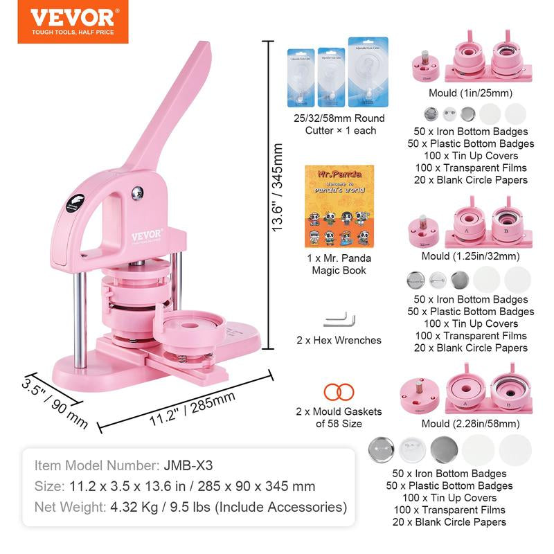 VEVOR Button Maker Machine, 2.28 Inch/58Mm Pin Maker with 100Pcs Button Parts, Ergonomic Arc Handle Punch Press Kit, Button Maker with Panda Magic Book, for Children DIY Gifts and Christmas