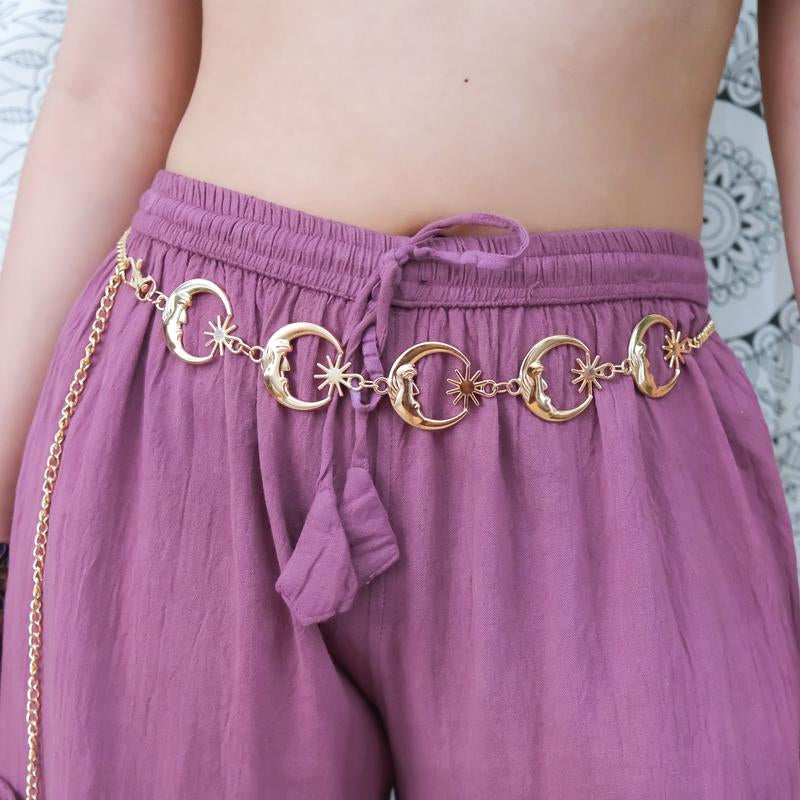 Celestial Chain Belt, Wicca Whimsical Waist, Belt, Costume Jewelry, Crescent Moon Sun Belts, Hippie Boho Belts, Vintage Witch Belt