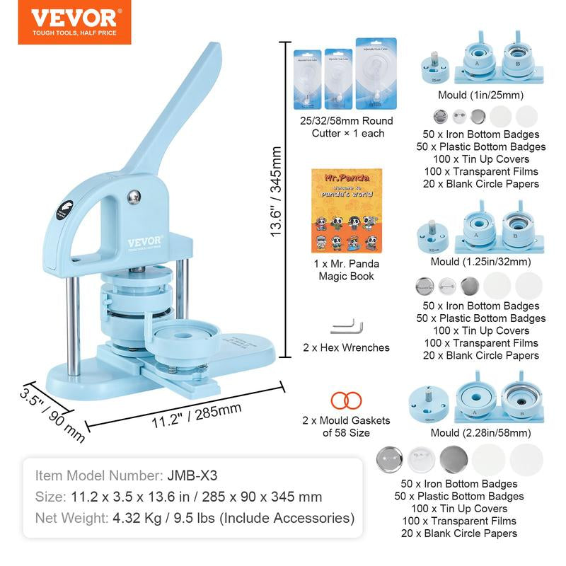 VEVOR Button Maker Machine, 2.28 Inch/58Mm Pin Maker with 100Pcs Button Parts, Ergonomic Arc Handle Punch Press Kit, Button Maker with Panda Magic Book, for Children DIY Gifts and Christmas