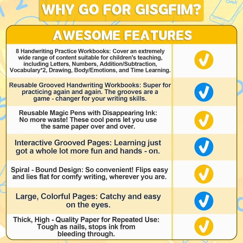 GISGFIM 8 Pieces Magic Grooved Writing Practice Books Disappearing Ink Pens Reusable Groove Workbooks Tracing Handwriting Practice Copybooks without Tears for Kids Kindergarten Preschool Supplies,10.2 X 7.3Inch