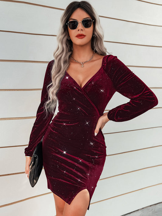 Women's sexy hip wrap skirt fashion V-neck velvet dress