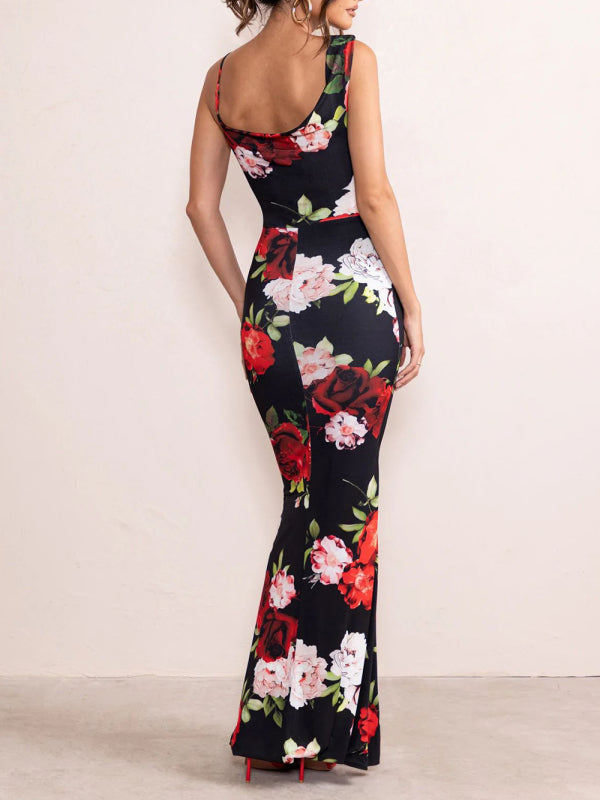 Women's Floral Print Mix Match Straps Maxi Dress