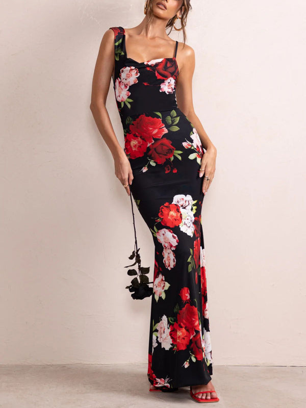 Women's Floral Print Mix Match Straps Maxi Dress