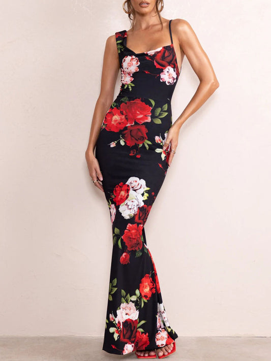 Women's Floral Print Mix Match Straps Maxi Dress