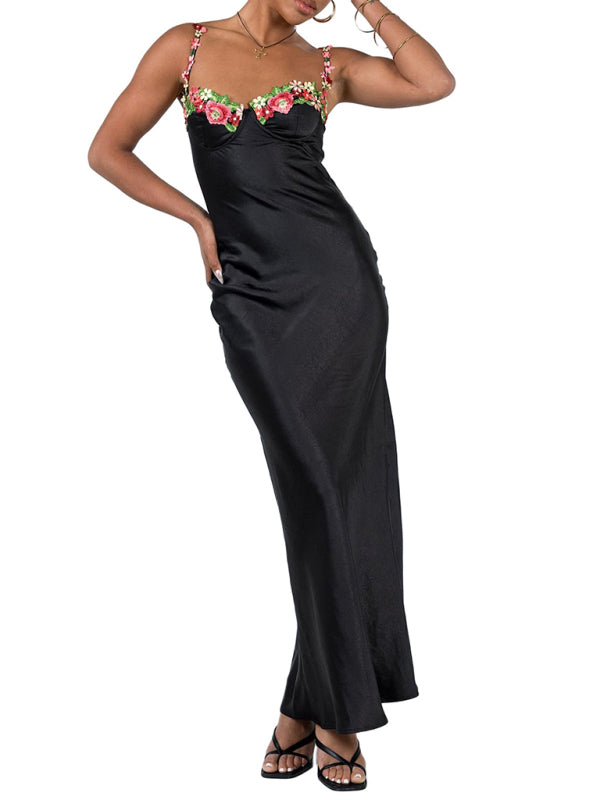 Fashion Sexy Embroidered Lace Camisole Solid Color Long Dress