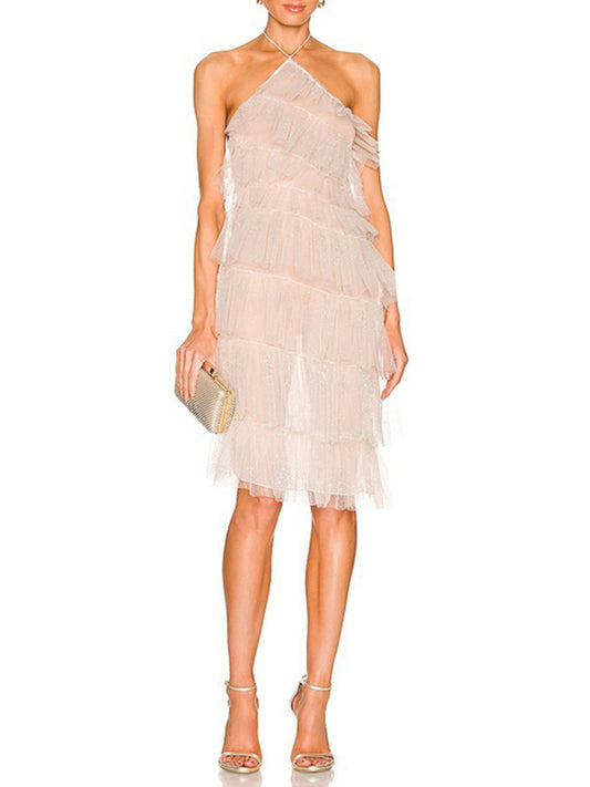 New dinner sexy French girl cake skirt dress backless mesh halter neck dress