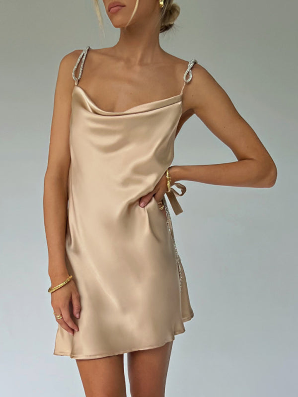 New suspender satin large backless diamond chain hip dress